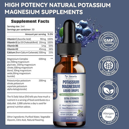 (2 Packs) Potassium Magnesium Supplement Liquid Drops - 200mg Potassium & 600mg Triple Complex Magnesium Glycinate Liquid Citrate Oil High Absorption Potasio Support Bone, Muscle, Leg Cramps