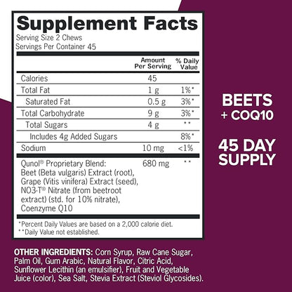 Qunol Beets Chews for Blood Pressure Support, 3 in 1 Beets + CoQ10 + Grape Seed Extract, Supports Healthy Blood Circulation & Heart Healthy Energy, 90 Chews