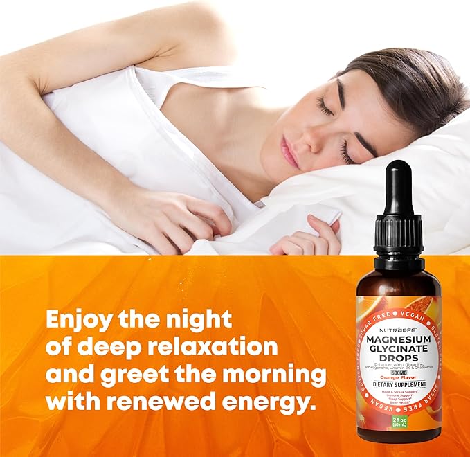 Liquid Magnesium Glycinate Drops Supplement - 500mg Cortisol Complex with L-Theanine Ashwagandha Vitamin B6 Chamomile - Wellness Sleep Stress Mood Support for Adults Men Women