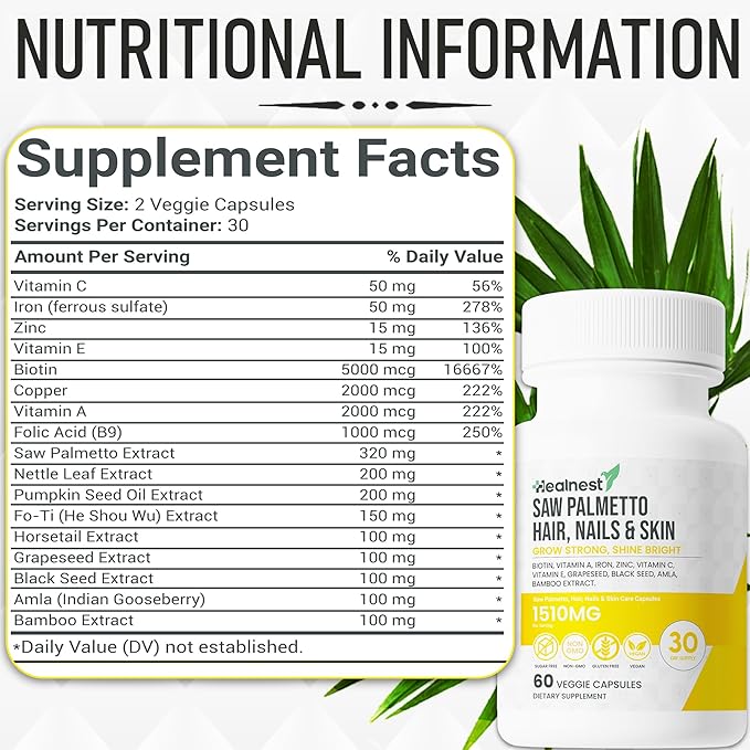 Hair, Nails & Skin Care with – Saw Palmetto, Biotin, Amla - 60 Non-GMO, Gluten Free, Veggie Capsules for Men and Women