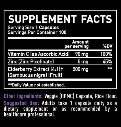 Zeal Naturals Max Strength Elderberry Capsules + Zinc + Vitamin C | 500mg for Immune System Support with Black Sambucus Elderberry | 100 Count | 3-in-1 Immune Support for Adults