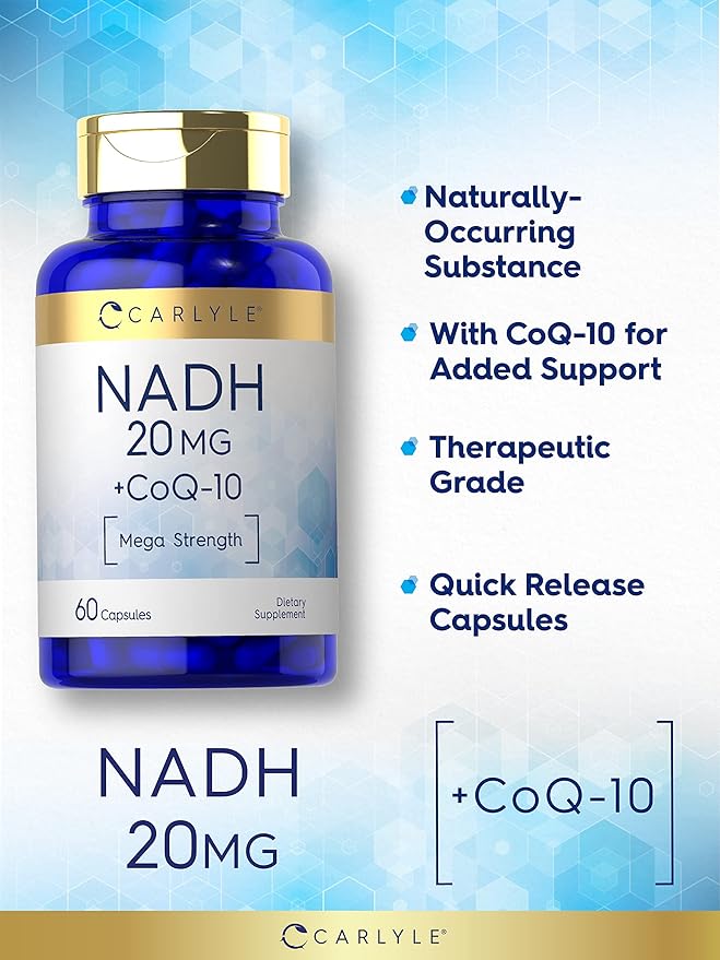 Carlyle NADH CoQ10 Supplement | 20mg | 60 Capsules | Mega Strength | Non-GMO, Gluten Free