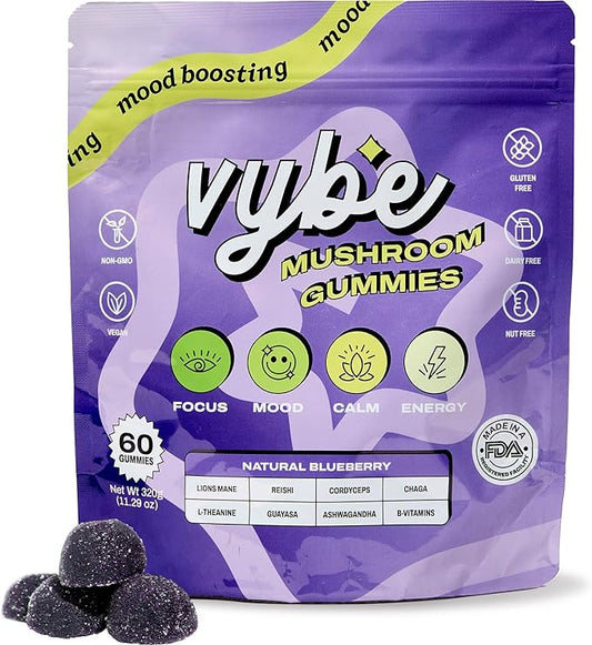 Vybe Mushroom Gummies for Focus and Energy - All-In-One Daily Mushroom Supplement - 8-in-1 Adaptogen Supplement Blend with Lion’s Mane, Cordyceps, Reishi, Chaga, Ashwagandha (Blueberry, 60-Count)
