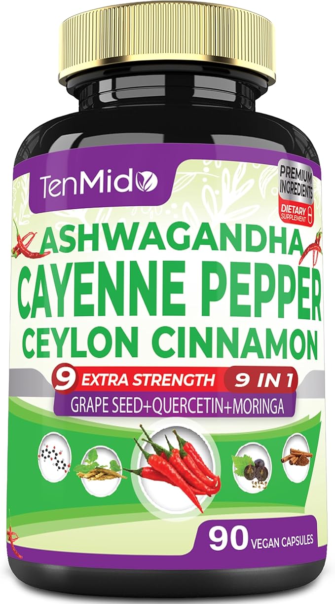 Cayenne Pepper Supplements Capsules, 3 Months Supply & Ashwagandha, Ceylon Cinnamon, Grape Seed, Quercetin, Moringa, Ginkgo Biloba - Heart Wellness, Promotes Digestive Health -90 Caps