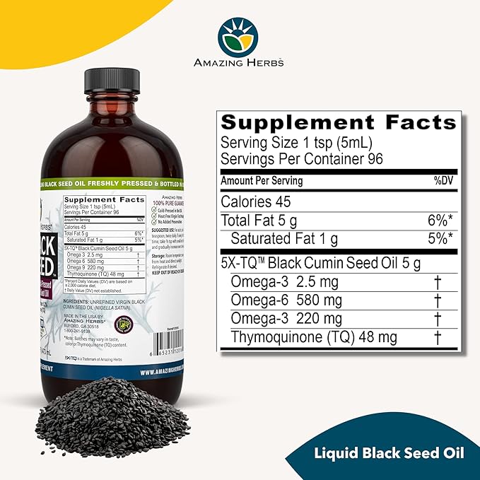 Amazing Herbs Premium Black Seed Oil - Cold Pressed Nigella Sativa Aids in Digestive Health, Immune Support, Brain Function, Joint Mobility, Gluten Free, Non GMO - 16 Fl Oz