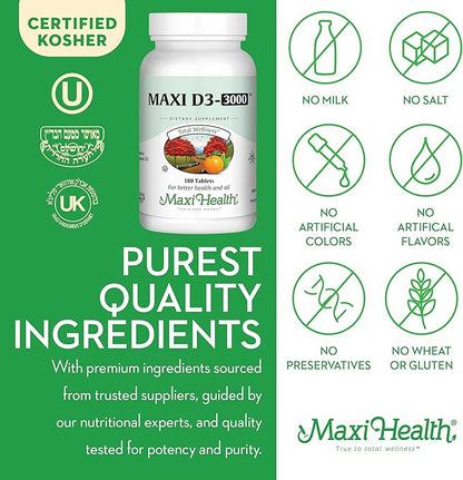 Maxi Health D3 3000 - Supports Bone Health and Immune System - Prevents Vitamin D Deficiency - 3000IU Tablets Contain 75 MCG per Serving to Support Bone Health (180 Tablets)