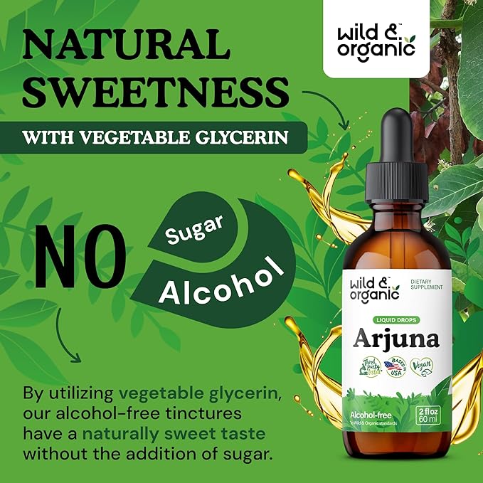 Wild & Organic Arjuna Tincture - Overall & Antioxidant Support Supplement - Terminalia Arjuna Bark Extract Drops - Vegan, Sugar & Alcohol-Free - 2 fl oz