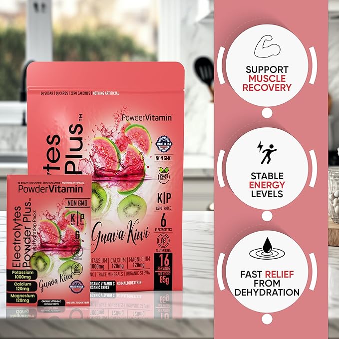 Electrolytes Powder Plus, Keto, Guava Kiwi, Sugar Free, Pink Himalayan Salt, 1000mg Potassium, 120mg Calcium, 120mg Magnesium, Non-GMO, Zero Calories, (16 Hydration Packets)