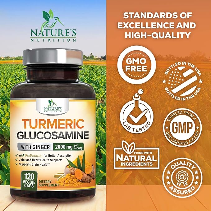 Turmeric Curcumin Supplement 2000mg with Glucosamine Chondroitin & Ginger, 95% Curcuminoids, BioPerine Black Pepper for Best Absorption, Nature's Joint Support, Non-GMO, Bottled in USA - 120 Capsules
