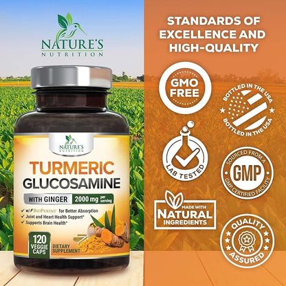 Turmeric Curcumin Supplement 2000mg with Glucosamine Chondroitin & Ginger, 95% Curcuminoids, BioPerine Black Pepper for Best Absorption, Nature's Joint Support, Non-GMO, Bottled in USA - 120 Capsules