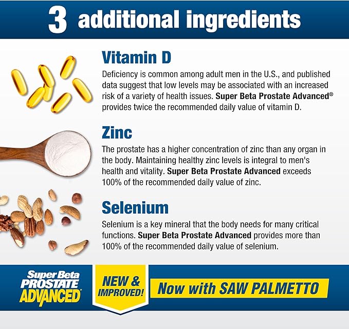 Advanced with Saw Palmetto - Prostate Health Supplements for Men, Bladder & Urinary Support with Beta-sitosterol, Reishi, Saw Palmetto, Vitamin D, Zinc Oxide, Selenium - 180 Count