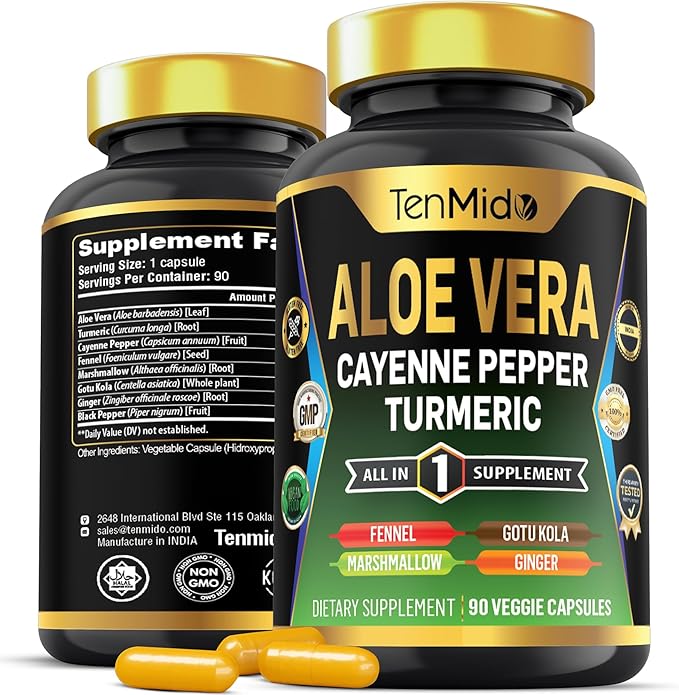 Aloe Vera Capsules Supplement - 8in1 Formula - Combine with Turmeric, Cayenne Pepper, Marshmallow, Fennel, Gotu Kola, Ginger, and Black Pepper - 90 Capsules for 3 Months Supply