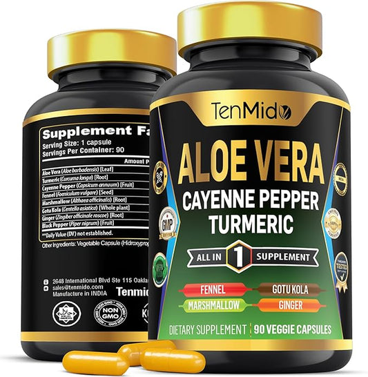 Aloe Vera Capsules Supplement - 8in1 Formula - Combine with Turmeric, Cayenne Pepper, Marshmallow, Fennel, Gotu Kola, Ginger, and Black Pepper - 90 Capsules for 3 Months Supply