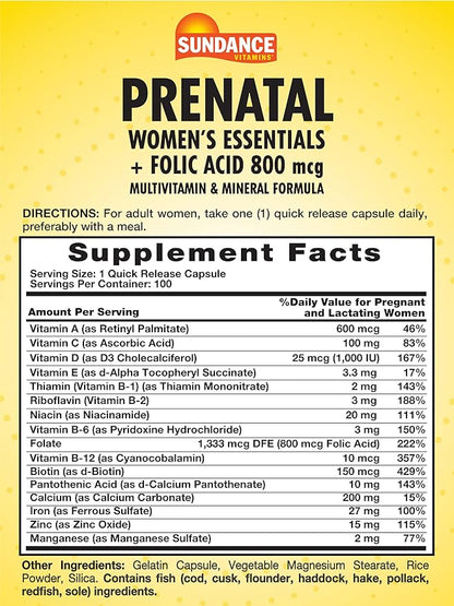 Sundance Prenatal Multivitamin | with Folic Acid | 100 Quick Release Capsules | 800 mcg | Non-GMO, Gluten Free Supplement for Women