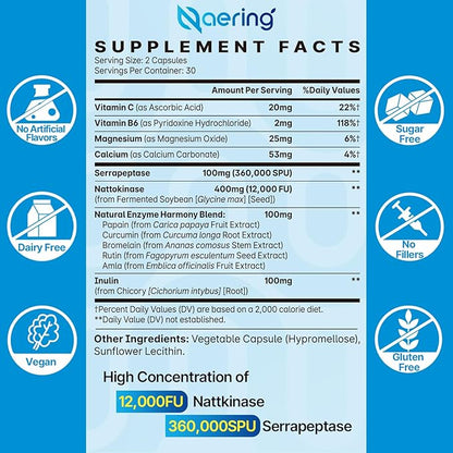 Liposomal Nattokinase 12,000 FU Serrapeptase 360,000 SPU Enzyme Supplement - Enriched with Synergistic Enzymes and Nutrient Blend & Inulin for Circulatory, Gut, Digestion 60 Capsules (2 Bottle)