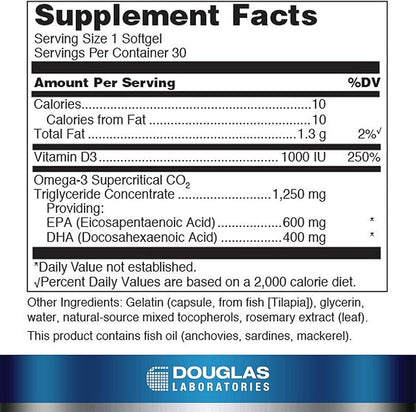 Douglas Laboratories Quell Fish Oil EPA/DHA Plus D | 3:2 Ratio of EPA to DHA Essential Omega 3 Fatty Acids Plus 1,000 I.U. of Vitamin D3* | 30 Softgels