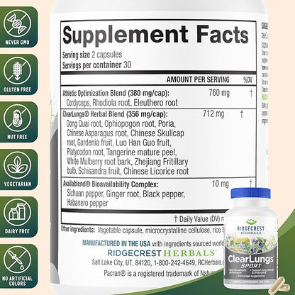 Ridgecrest Herbals ClearLungs Sport, Oxygen Intake and Lung Support Formula with Cordyceps, Rhodiola, Eleuthero (60 Vegan Caps, 30 Serv)
