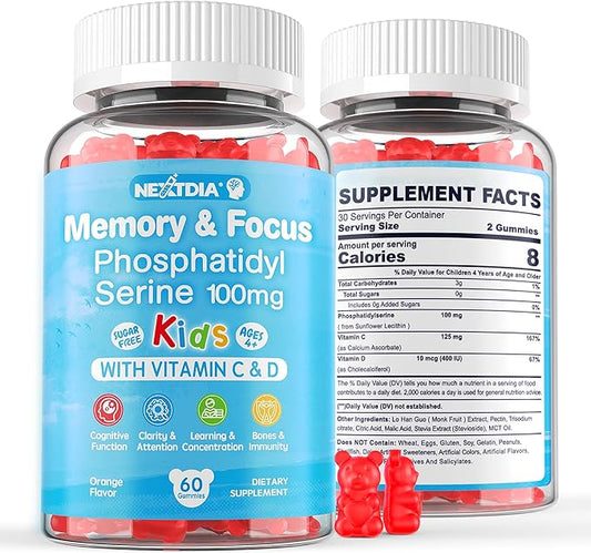 Phosphatidylserine Supplement 100mg, Focus Gummies for Kids Teens + Vitamin C & D3 400IU, Sugar Free Kids Brain Gummies Increase Attention & Concentration, Chewable, Vegan, Gluten Free, Non-GMO 60Cts