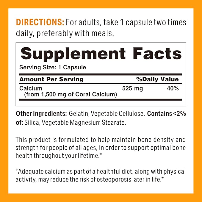 Vitamin World Coral Calcium 1500 mg. 120 Capsules, Mineral Supplement, Rapid-Release, Gluten Free