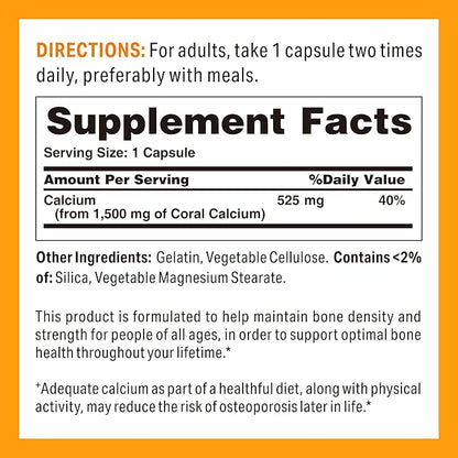 Vitamin World Coral Calcium 1500 mg. 120 Capsules, Mineral Supplement, Rapid-Release, Gluten Free