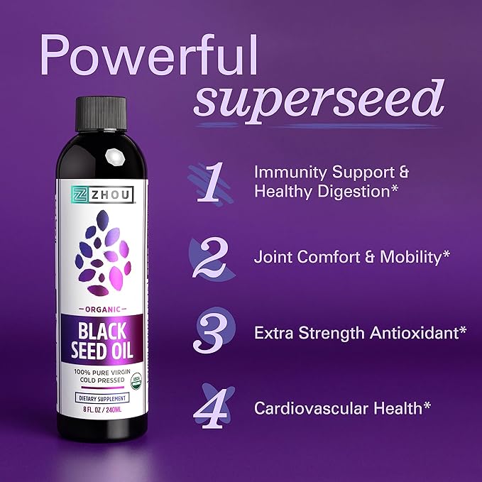 Zhou Organic Black Seed Oil - Black Cumin Seed Oil Cold Pressed, Nigella Sativa, Pure Unrefined Blackseed Liquid, Premium Supplement for Health with Thymoquinone, Omega 3 6 9 - 8 Fl Oz (Pack of 1)
