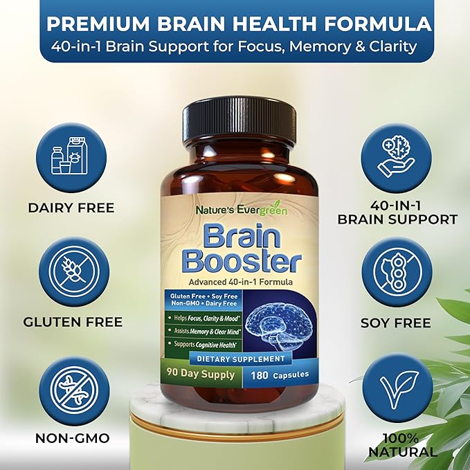 Brain Booster 40-in-1 Formula Supplement for Focus, Memory, Clarity, Energy | for Men & Women, Cognitive Function Nootropic Support with DMAE, Brain Health Formula | (180 Capsules - 90 Day Supply)