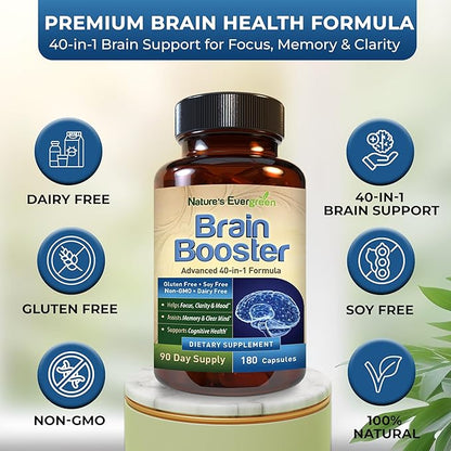 Brain Booster 40-in-1 Formula Supplement for Focus, Memory, Clarity, Energy | for Men & Women, Cognitive Function Nootropic Support with DMAE, Brain Health Formula | (180 Capsules - 90 Day Supply)