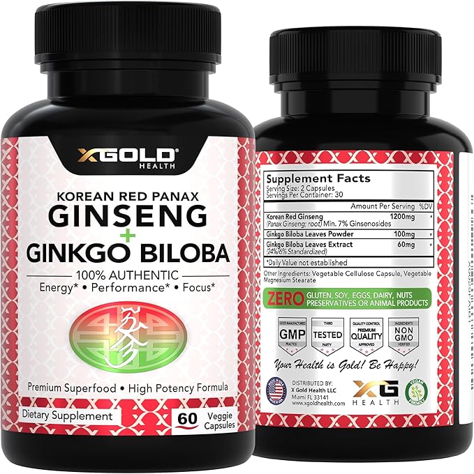 Korean Red Panax Ginseng 1200mg + Ginkgo Biloba - Extra Strength Root Extract Powder Supplement w/High Ginsenosides Vegan Capsules for Energy, Performance & Focus - Supplement for Men & Women