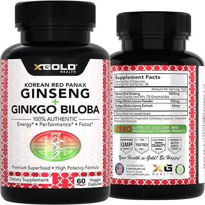 Korean Red Panax Ginseng 1200mg + Ginkgo Biloba - Extra Strength Root Extract Powder Supplement w/High Ginsenosides Vegan Capsules for Energy, Performance & Focus - Supplement for Men & Women