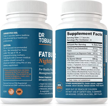 Dr. Tobias Fat Burner Nightly, Night Time Metabolic Support with White Kidney Bean Extract, Ashwagandha Root, Green Coffee Bean Extract & Melatonin, Non-GMO, 60 Capsules (30 Day Supply)