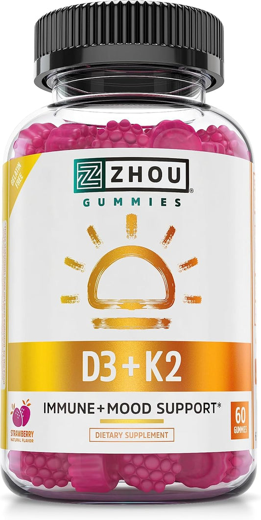 Zhou D3+K2 - Vitamin D3 K2 Supplement for Women & Men, Immune Support Vit D3 and K2 Gummy, Gelatin Free Formula with 5000 IU of D3 and MK-7 - 60 Veggie Gummies (Pack of 1)