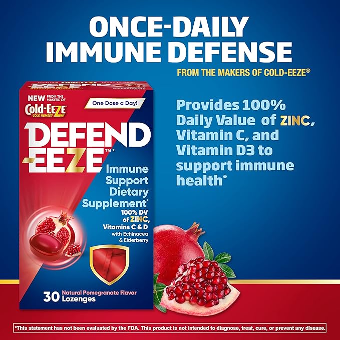 Defend-EEZE Immune Support Dietary Supplement Lozenges, 100% Daily Value of Zinc, Vitamins C & D per Dose, with Echinacea & Elderberry, Pomegranate Flavor, 30 Lozenges