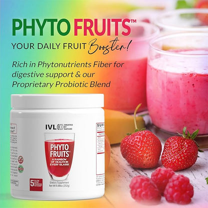 IVL - Phyto Fruits Superfood Powder - Support Energy - Digestive & Probiotic - Antioxidant - Vegan - 40 Fruits and Nutrients Plus 6 Probiotic Strains (30 Servings, 8.88 oz)