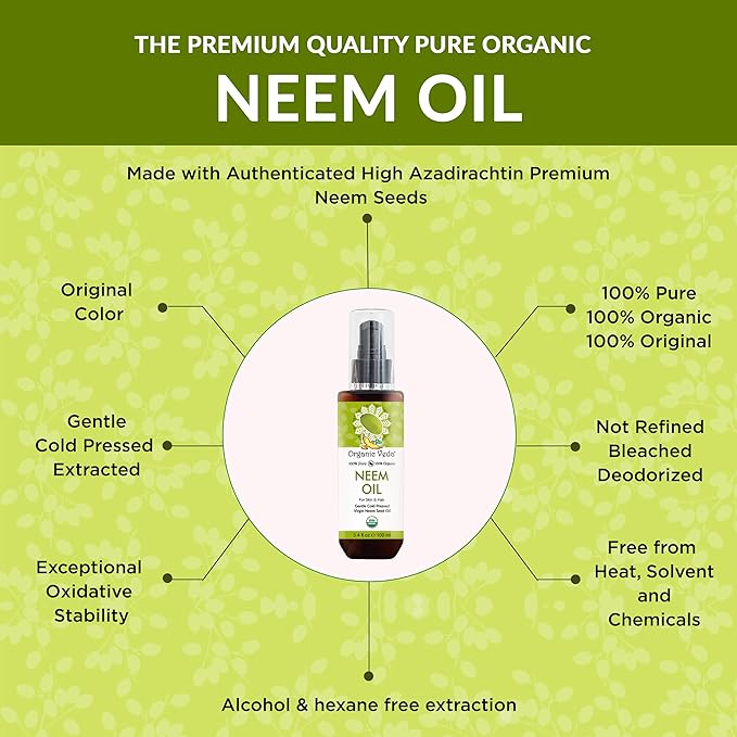 Organic Veda Neem Oil - Pure, Cold Pressed & Organic Neem Oil for Skin, Hair, Face, Body, Scalp - Natural Moisturizer, Virgin Neem seed oil - Rich in Vitamin E, Fatty Acids, Antioxidants - 3.4 fl oz
