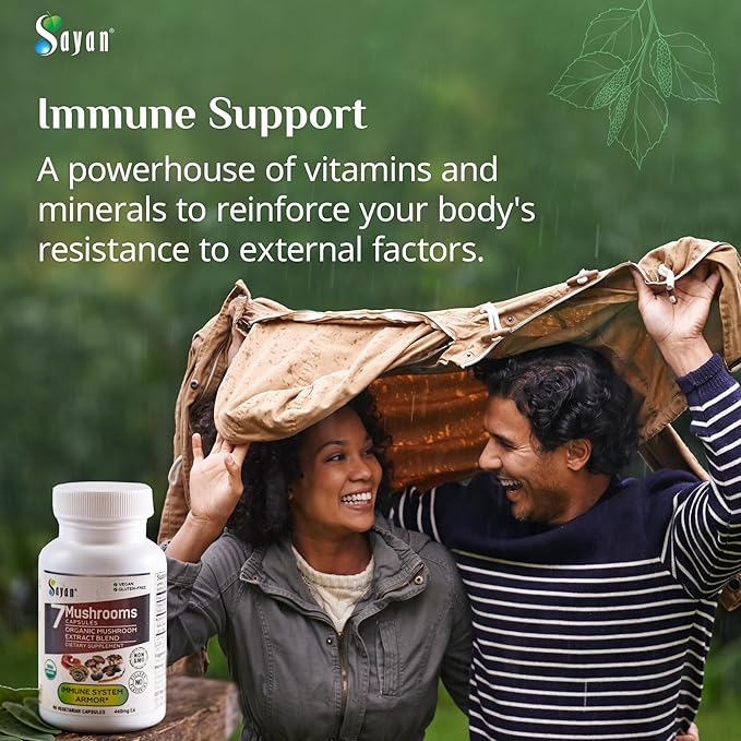 Sayan 7 Mushroom Extract 90 Capsules/440mg ea – Immune Support & Energy – Organic Chaga, Reishi, Lion's Mane, Maitake, Shiitake, Turkey Tail Adaptogen Blend – Vegan, Non-GMO, No Fillers or Additives