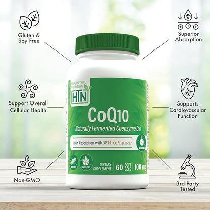 Health Thru Nutrition CoQ-10 100mg with BioPerine 60 Softgels | High Absorption Naturally Fermented USP Grade Coenzyme Q10 Supplement | 3rd Party Tested | Heart Health and Energy Support