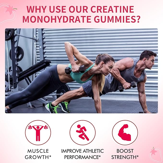 Creatine Monohydrate Gummies 5000mg for Men & Women, Chewables Creatine Monohydrate for Muscle Strength, Muscle Builder, Energy Boost, Pre-Workout Supplement-90 Strawberry Gummies