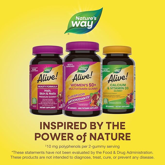 Nature's Way Alive! Women’s 50+ Daily Gummy Multivitamins, Supports Multiple Body Systems*, Supports Healthy Heart, Brain & Bones,* B-Vitamins, Mixed Berry Flavored, 60 Gummies (Packaging May Vary)