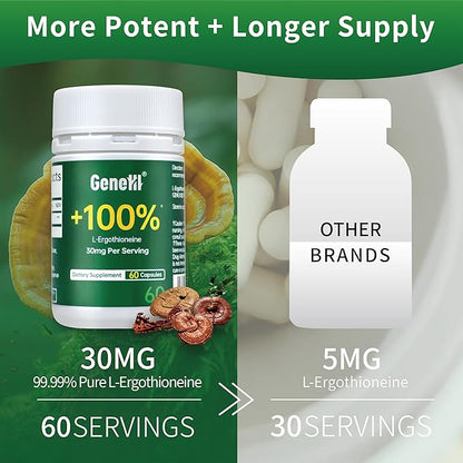 L-Ergothioneine Supplement, 30mg(EGT)/Serving, 6X Ergothioneine Mushroom Extract Supplements Longevity, Immune Support, Heart Health & Brain Supplement, Lab Tested, Made in USA, 60 Servings