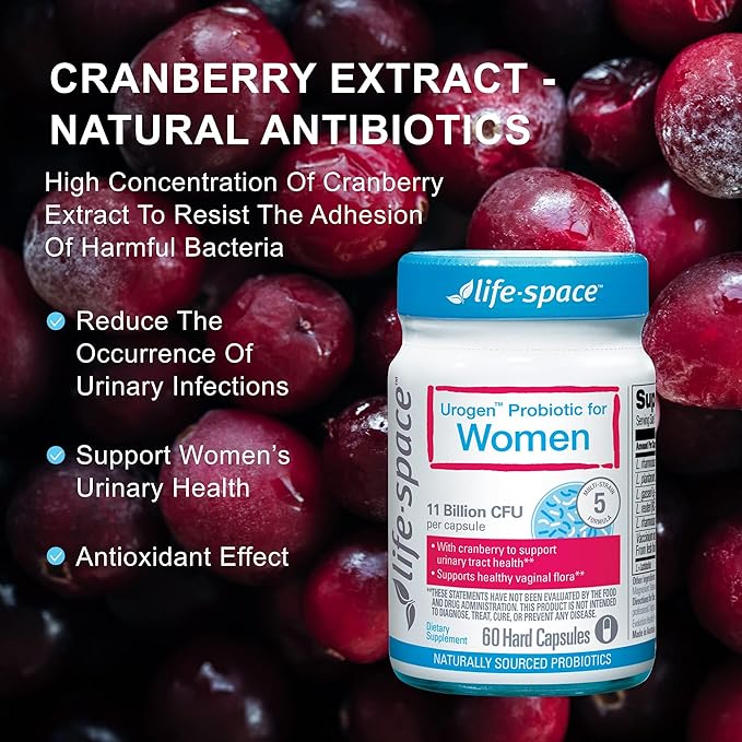 Life-Space Urogen Probiotic with Cranberry for Urinary Tract Health, Women's Probiotic with Lactobacillus rhamnosus&reuteri. for Vaginal Health, 11 Billion CFU per Capsule, 2-Month Serving-60 Capsules