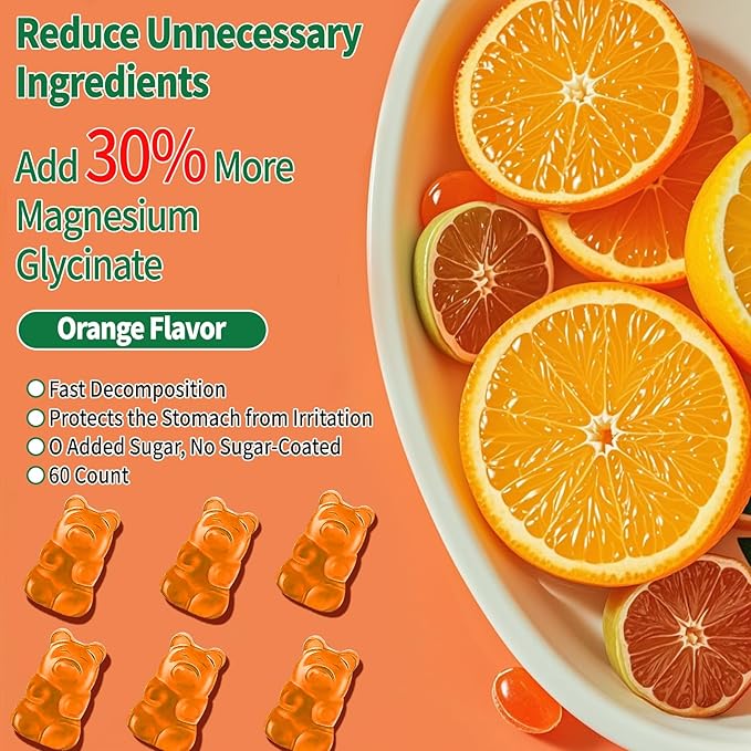 Magnesium Glycinate Gummies 600mg, Sugar Free Magnesium Potassium Supplement with Calcium, Vitamin D3, K2, CoQ10 for Adults and Kids, Stress & Muscle Relief, Orange (60 CT)
