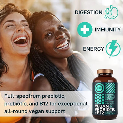 Vegan Probiotic Plus B12-22 Billion CFU Synbiotics Prebiotics and Probiotics for Digestive Health, IBS, Mood Support - B12 with FOS Pre Pro Post Biotics for Women & Men - 60 Gluten-Free Capsules