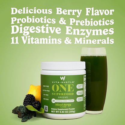 VitaHustle ONE Superfood Super Greens Powder Berry Flavor (25 Servings (Pack of 2))