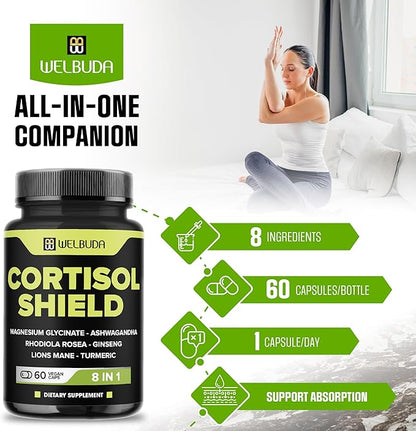 8in1 Cortisol Shield - Ashwagandha and Magnesium, Rhodiola Rosea, Lions Mane, Gingsen, and 3 More - Relaxation & Restful Night Support & Mood Balance - 60 Count