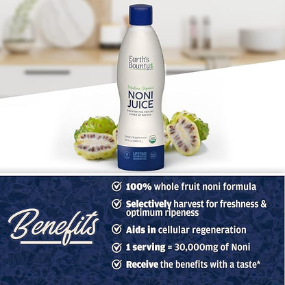 Earth's Bounty Tahitian Organic Noni Juice - 32 fl.oz - 100% Pure, Natural Immune & Joint Support - Organic, Kosher Noni Juice - No Additives
