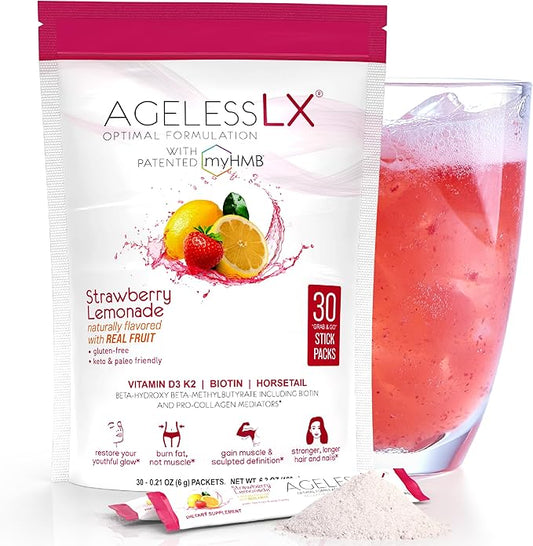 Powder Supplement for Women - with HMB Collagen Enhancer Plus Vitamin D3 with K2, Horsetail and Biotin for Lean Muscle and Stronger Hair and Nails - 30 Powder Packets Strawberry Lemonade