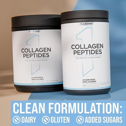 Rule 1 Collagen Peptides Powder - Hydrolyzed Bovine Collagen, Hyaluronic Acid, and Vitamin C. Supports Hair, Skin, & Nails (25 Servings, Unflavored)