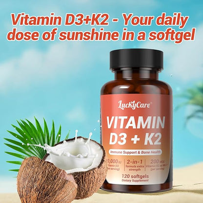 Vitamin D3 K2 10000 IU Plus K2 (MK-7) 200 mcg, 120 Coconut Oil Softgels| 2 in 1 VIT D & K Complex | Supports Calcium Absorption, Bone, Teeth, Heart & Immune Health,120Count