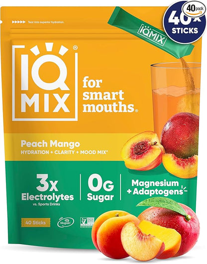 IQMIX Hydration Electrolyte Powder – 4-in-1 Formula for Hydration, Mental Clarity, Mood and Recovery – Sugar-Free Drink Mix, Keto, Magnesium L-Threonate, Lion’s Mane – 40 Count Peach Mango