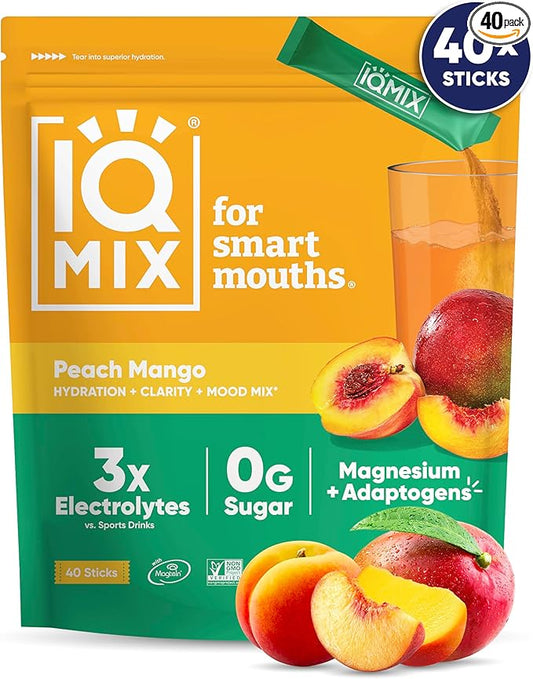 IQMIX Hydration Electrolyte Powder – 4-in-1 Formula for Hydration, Mental Clarity, Mood and Recovery – Sugar-Free Drink Mix, Keto, Magnesium L-Threonate, Lion’s Mane – 40 Count Peach Mango
